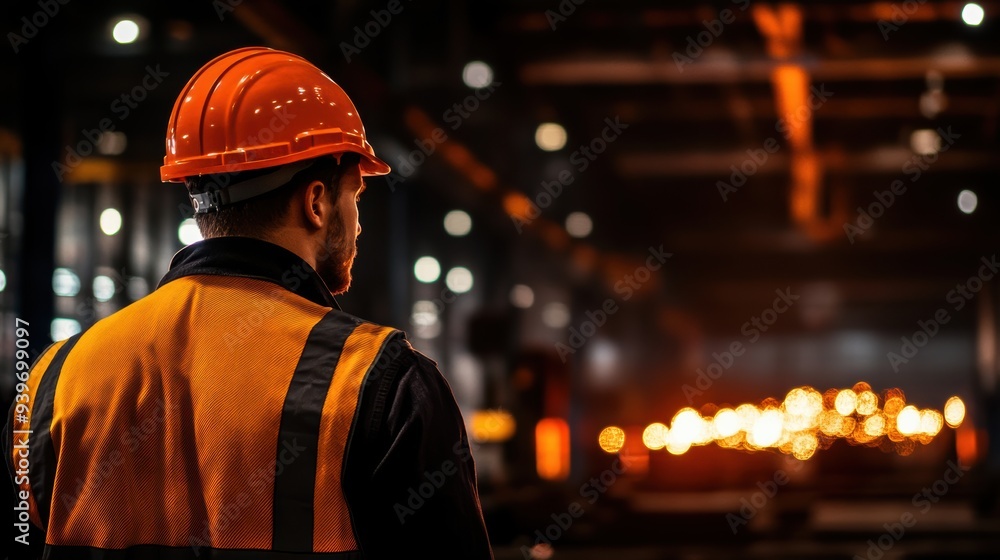 Industrial worker wearing orange safety gear in a factory, focusing on machinery and production processes in a dimly lit environment. Industrial worker wearing orange safety gear in a factory, focusing on machinery and production processes in a dimly lit environment.