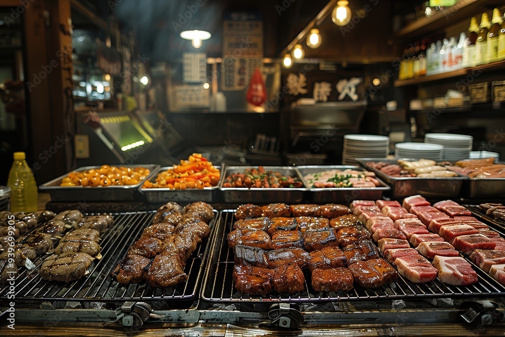 A bustling night market food stall showcasing a variety of meats grilling to perfection alongside trays of colorful side dishes A bustling night market food stall showcasing a variety of meats grilling to perfection alongside trays of colorful side dishes