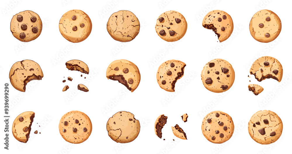 Homemade cookie set. Top view. Round shape. Full bitten and broken in pieces. With and without chocolate chip crumb. Tasty food pastry biscuit. Package and menu design. Cartoon style isolated vector Homemade cookie set. Top view. Round shape. Full bitten and broken in pieces. With and without chocolate chip crumb. Tasty food pastry biscuit. Package and menu design. Cartoon style isolated vector