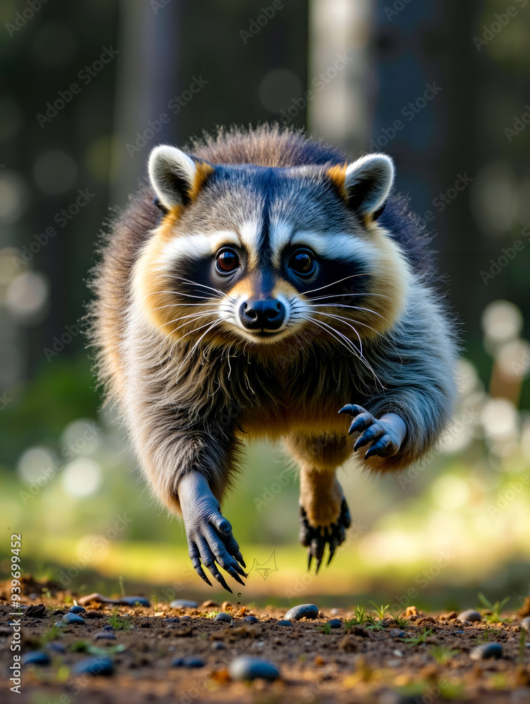 Fototapeta premium A raccoon is running across the ground in the woods
