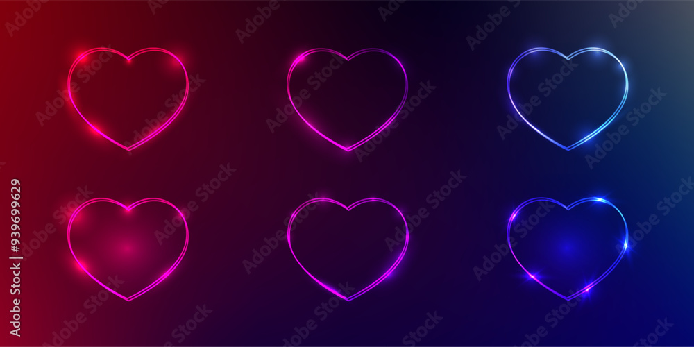 Set of six neon frames with shining effects Set of six neon frames with shining effects