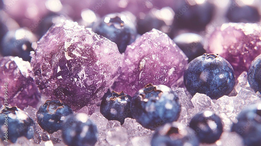 A cluster of blueberries resting atop an icy mound with adjacent purple-covered berries A cluster of blueberries resting atop an icy mound with adjacent purple-covered berries
