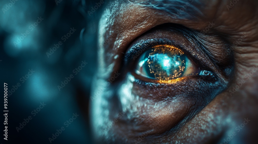 A close up of a person's eye with a blue light shining on it A close up of a person's eye with a blue light shining on it
