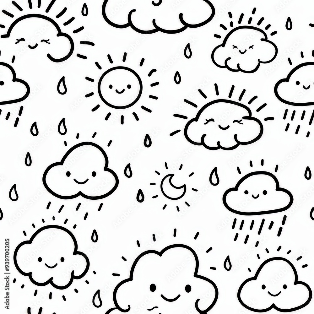 a simple line drawing of a weather themed coloring pages patern for your little one, clouds, sun, rain, sn behind clouds, white and black, wallpaper, monochrome simplicity a simple line drawing of a weather themed coloring pages patern for your little one, clouds, sun, rain, sn behind clouds, white and black, wallpaper, monochrome simplicity