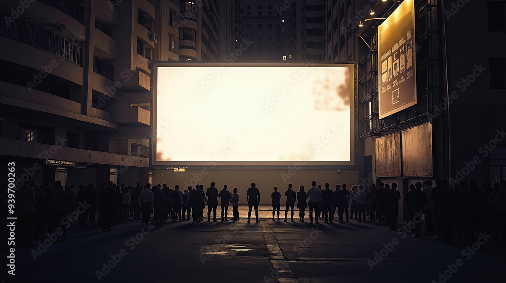 A group of people standing in front of a large screen in a city A group of people standing in front of a large screen in a city