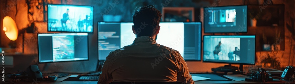 Fototapeta premium A person working on multiple computer monitors in a dark room, showcasing modern technology and digital collaboration.