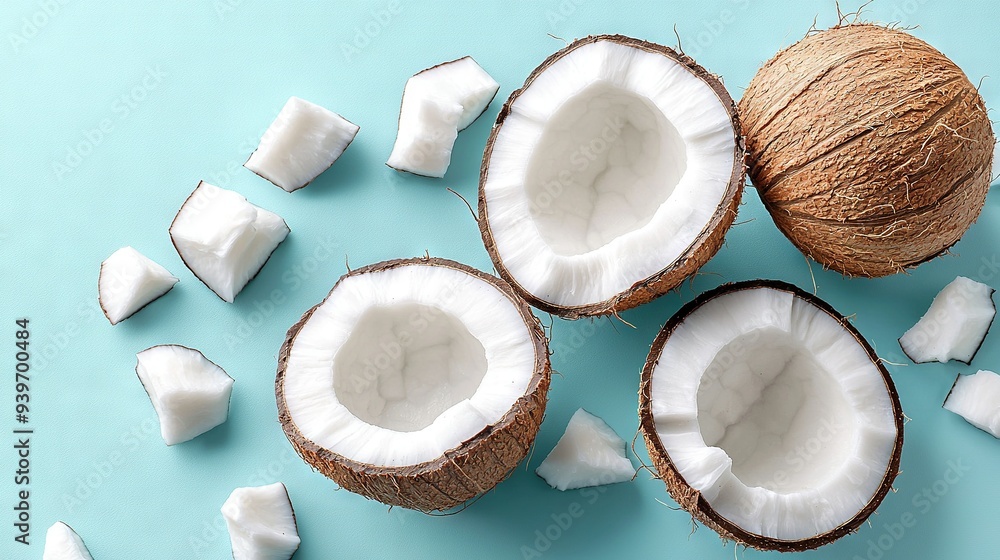 A pair of coconuts rests on a table with two sliced pieces nearby A pair of coconuts rests on a table with two sliced pieces nearby