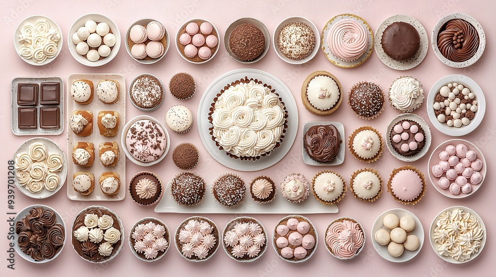 A table displaying various cake and cupcake options alongside a plate of cupcakes A table displaying various cake and cupcake options alongside a plate of cupcakes