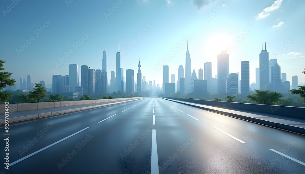 Fototapeta premium Asphalt road square and city skyline with modern buildings scenery under the blue sky