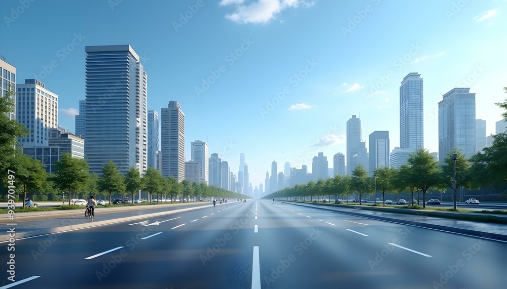 Obraz premium Asphalt road square and city skyline with modern buildings scenery under the blue sky