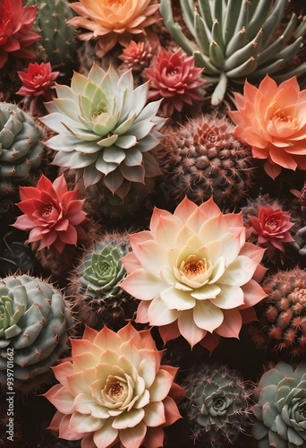 Various types of cactus and plants, some of them flowering, arranged on a monochrome pastel background