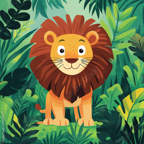 A regal lion explores a vibrant and lush jungle in this captivating vector illustration, ideal for children's books and educational materials, bringing to life the majesty of the jungle king photo