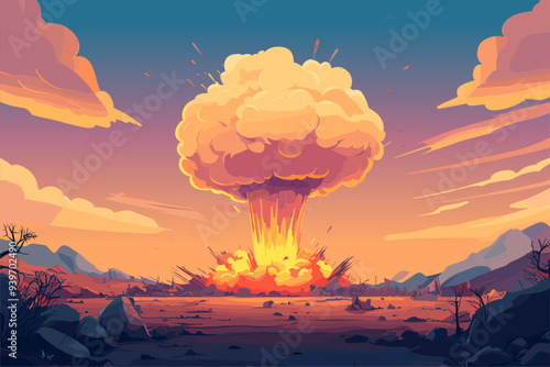 Landscape with a nuclear explosion. Mushroom cap cloud of the explosion destroyed land around. Tragedy and destructions. Atomic bomb. Nuclear blast. Cartoon style vector illustration