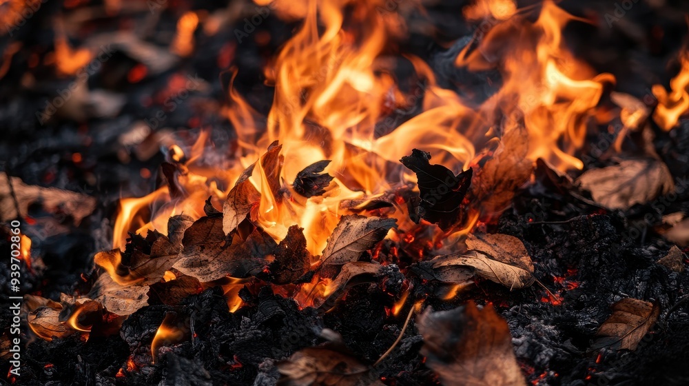 Flames consuming dry leaves, creating a vibrant display of fire and ash. Flames consuming dry leaves, creating a vibrant display of fire and ash.
