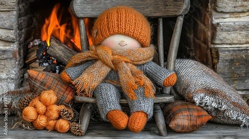   A knitted doll sits in a rocking chair with piles of pumpkins and pine cones nearby