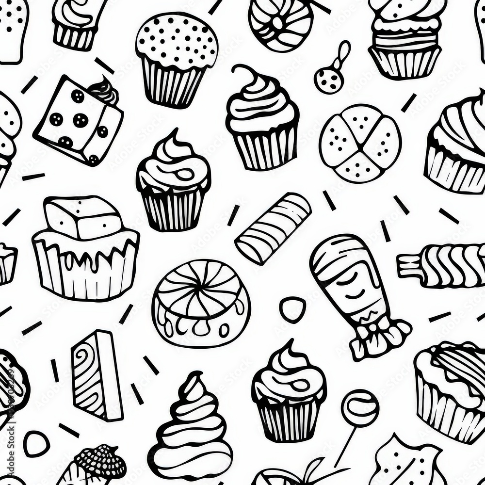 a simple line drawing of collage themed coloring pages patern for your little girl, lolly, cakes, cupcake, wrapped candy, white and black, wallpaper, monochrome simplicity - a simple line drawing of collage themed coloring pages patern for your little girl, lolly, cakes, cupcake, wrapped candy, white and black, wallpaper, monochrome simplicity -