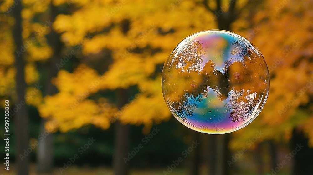 A detailed photo of a soap bubble, surrounded by golden foliage and set against a backdrop of cerulean skies A detailed photo of a soap bubble, surrounded by golden foliage and set against a backdrop of cerulean skies
