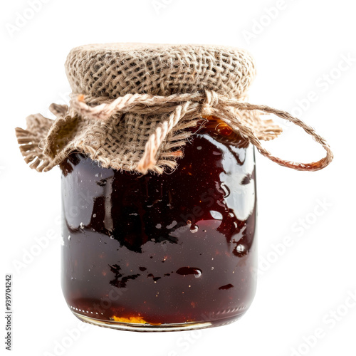 A glass jar of homemade jam or preserves with a burlap lid and twine tied around the top. photo