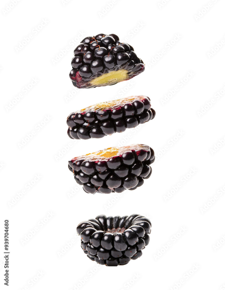 Slices of Blackberry Falling Isolated on White Slices of Blackberry Falling Isolated on White