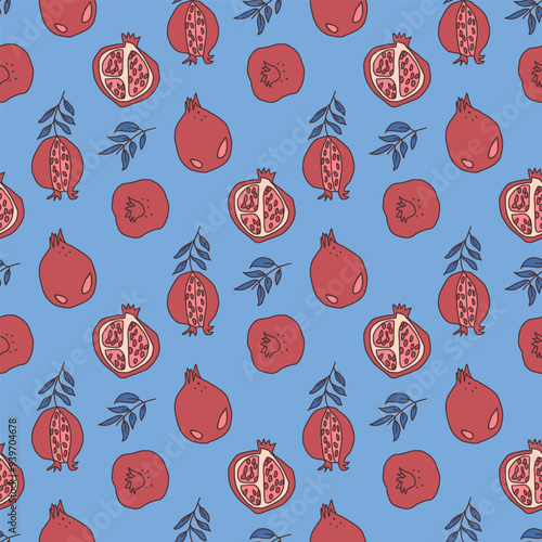 Pomegranate seamless pattern. Ripe fruits and leaves endless background. Half and whole pomegranates repeat cover. Blue and red continuous surface design ornament. Vector doodle illustration.