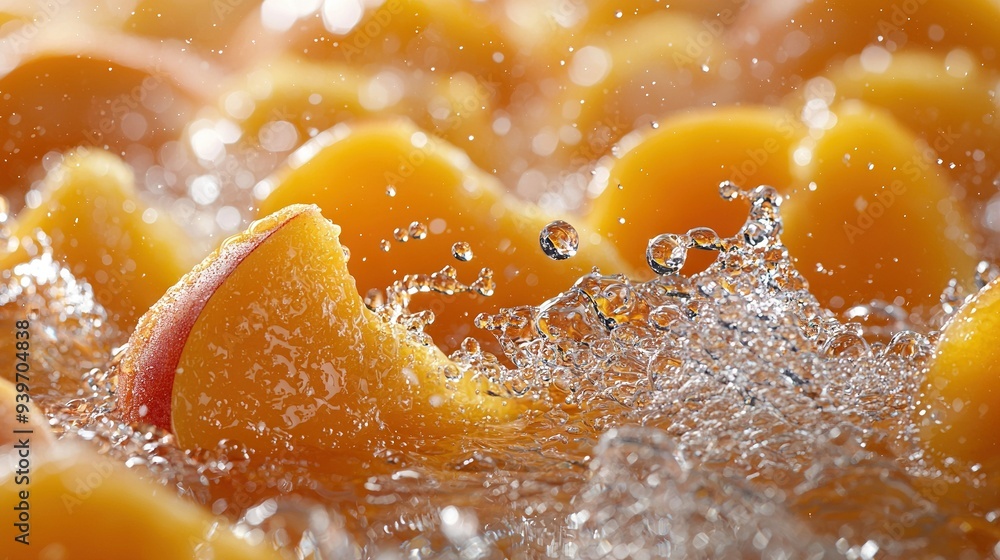 A close-up of oranges with water splashing on them A close-up of oranges with water splashing on them