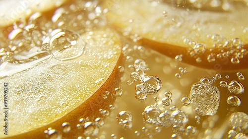  Close-up photo of a lemon slice with water drops on top and bottom of the slice