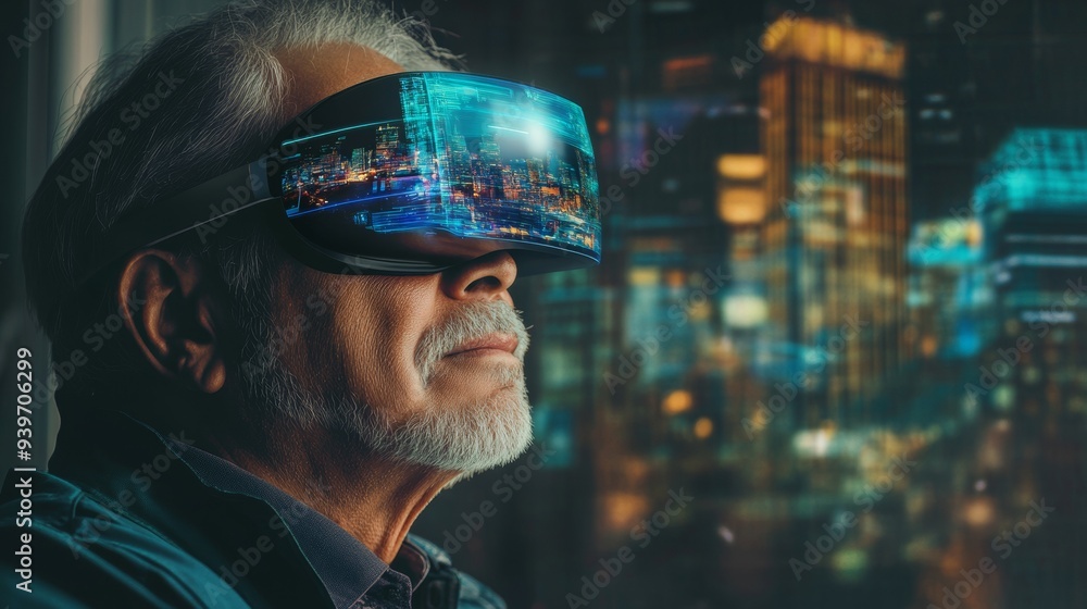 A man wearing a virtual reality headset is looking at a cityscape A man wearing a virtual reality headset is looking at a cityscape