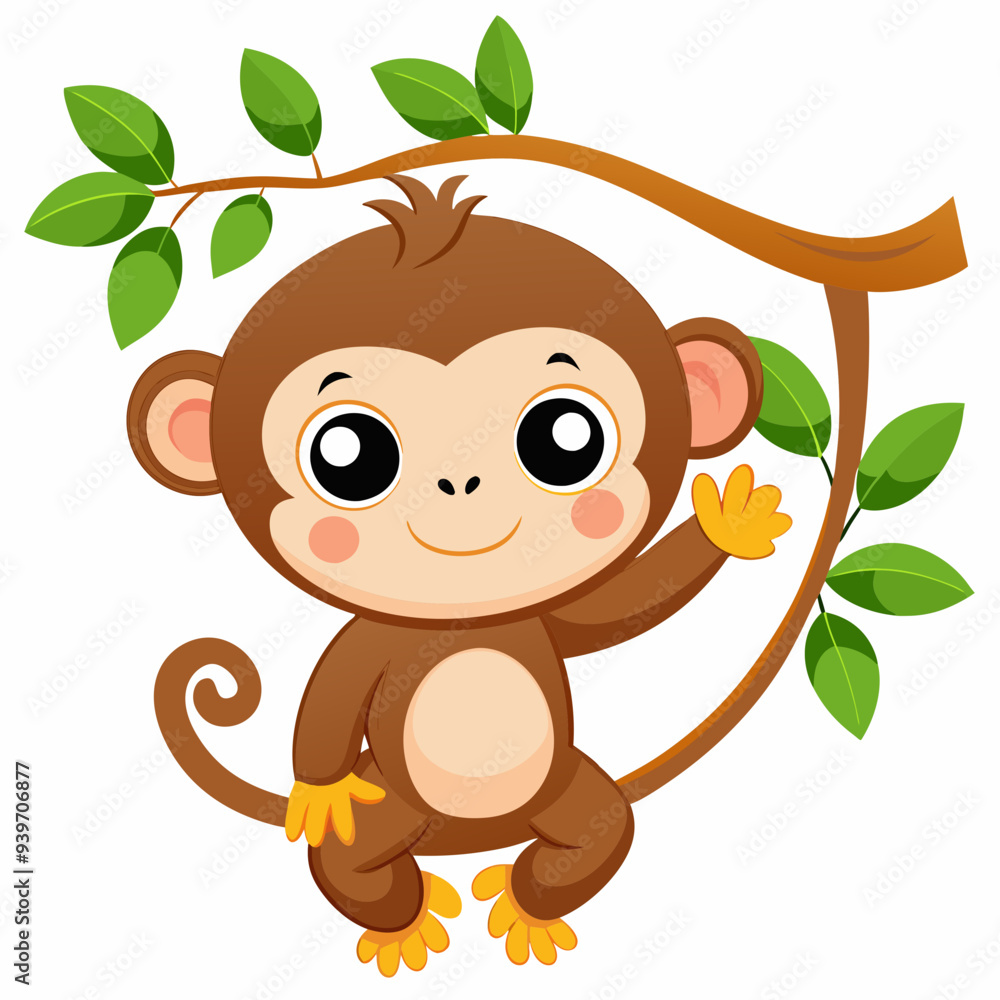 Obraz premium Cartoon baby monkey hanging on a tree branch, white background 