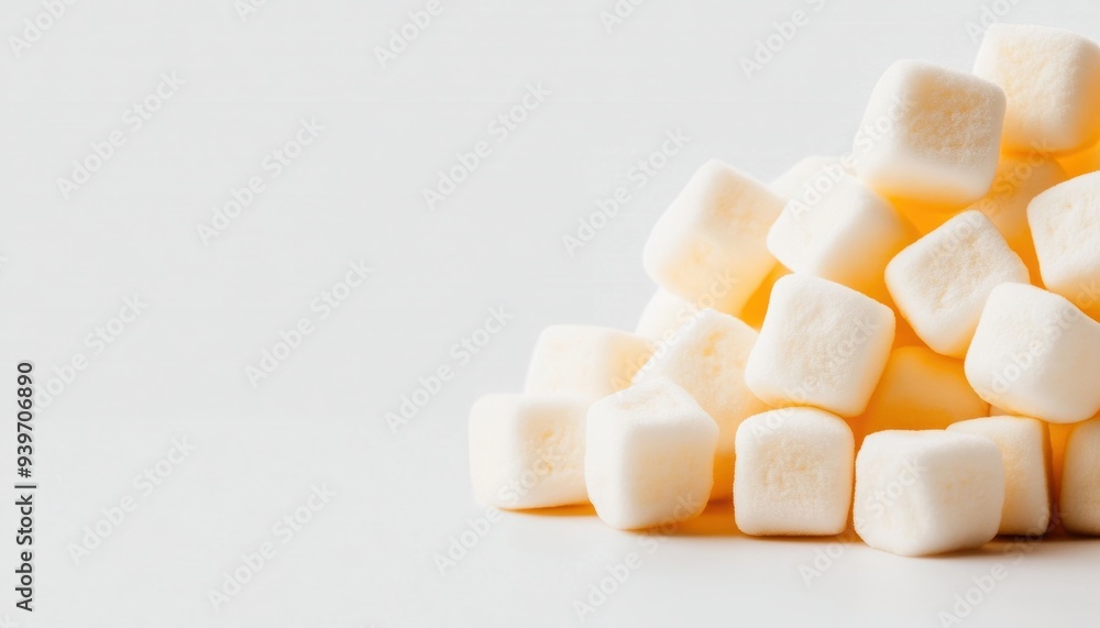 Pile of small white marshmallows on a plain white background, showcasing their soft and fluffy texture. Pile of small white marshmallows on a plain white background, showcasing their soft and fluffy texture.