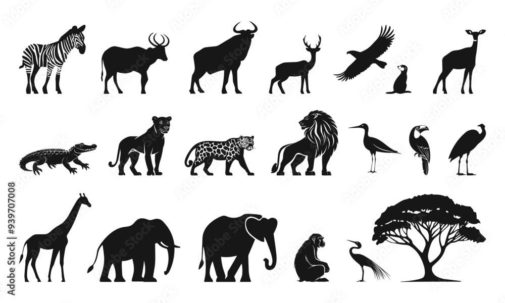 Fototapeta premium Savannah birds and animals silhouettes set. African wild life. Giraffe elephant lion, baboon and meerkat toucan zebra gazelle bull eagle jaguar. Black and white flat style isolated vector clipart