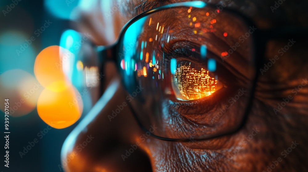 A man's face is shown with a reflection of a city in his eye A man's face is shown with a reflection of a city in his eye