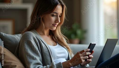 Portrait of a woman using laptop and a phone and checking email or news online while sitting on sofa at home. Searching for friends in internet social networks or working on computer. Copy space.