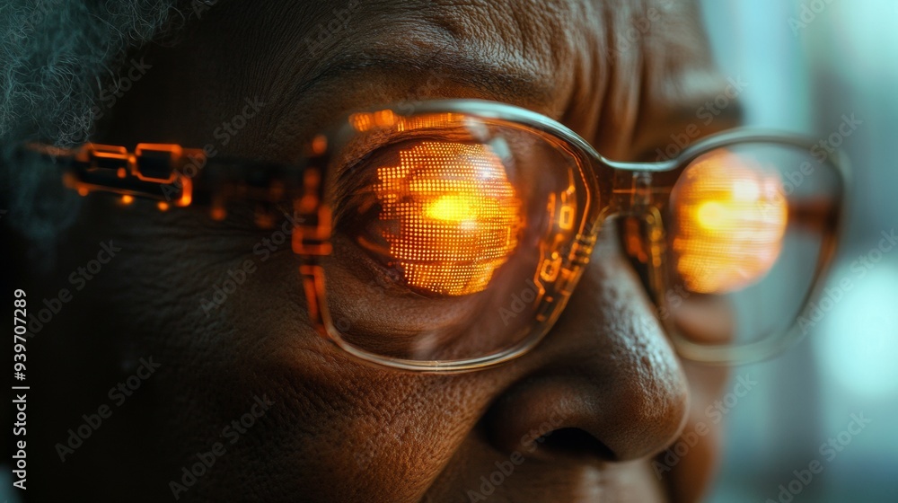 A woman with glasses on her face with a yellow light in her eye A woman with glasses on her face with a yellow light in her eye