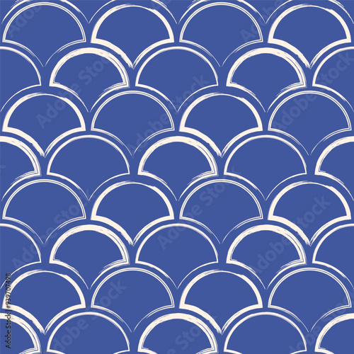 Blue brush lines scallop seamless pattern. Stroke arch repeat background. Painting continuous design. Vector simple illustration.