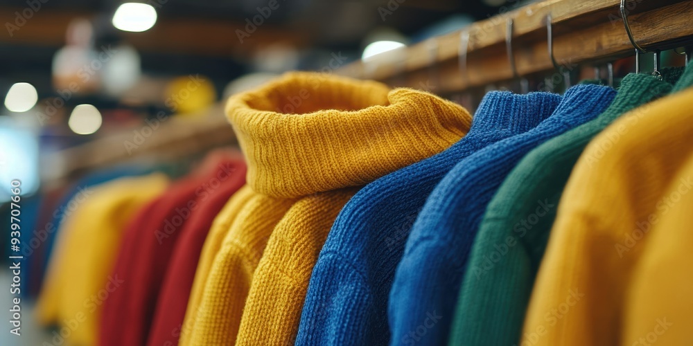 Obraz premium Colorful assortment of neatly arranged, cozy knit sweaters displayed on a rack in a modern clothing store with a warm and inviting ambiance