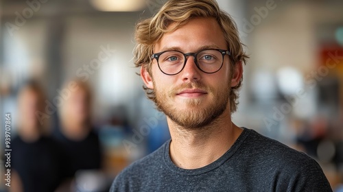 A young man with blond hair and glasses stands confidently in a casual setting, his focused expression suggesting a thoughtful and reflective state of mind