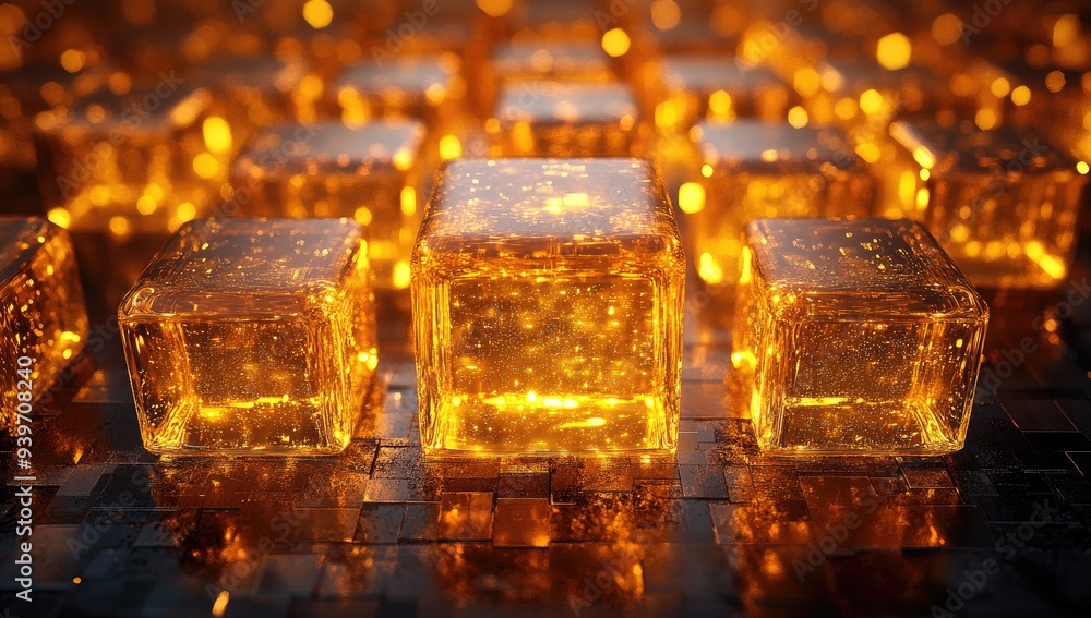 Golden Cubes Glowing Abstract 3D Illustration Golden Cubes Glowing Abstract 3D Illustration