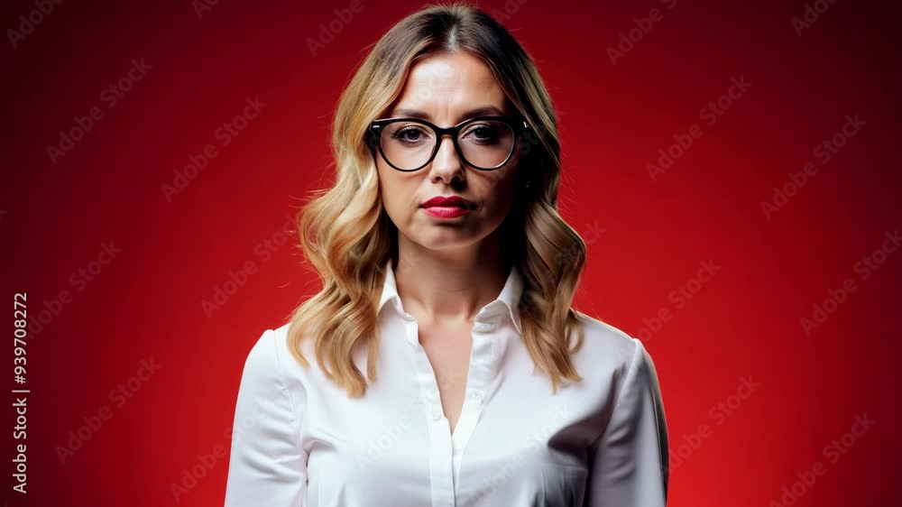 A young woman with wavy blonde hair wearing glasses and a white shirt, confidently standing against a vivid red background. A young woman with wavy blonde hair wearing glasses and a white shirt, confidently standing against a vivid red background.