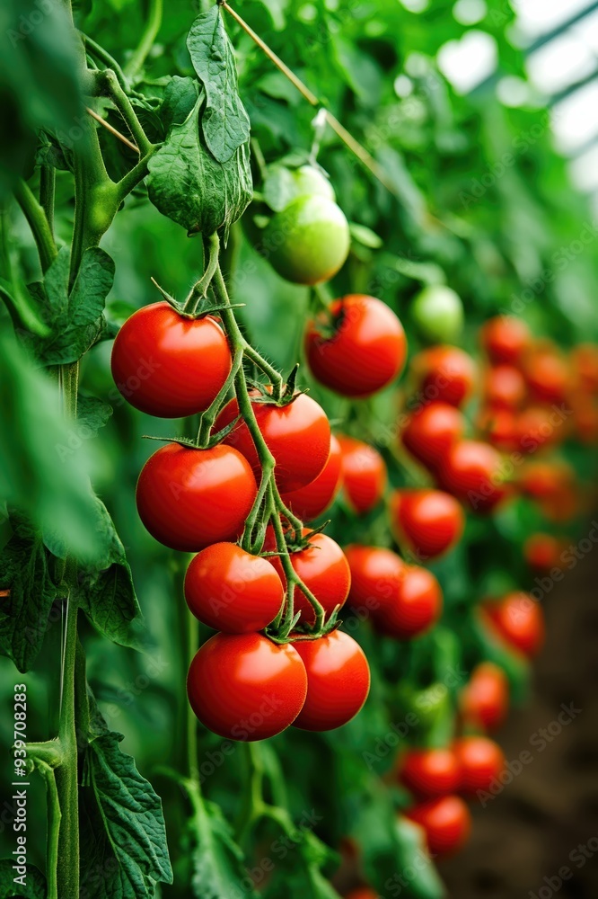 Red ripe tomatoes growing on green vines in a greenhouse, with lush leaves in the background. Fresh produce ready for harvest. Red ripe tomatoes growing on green vines in a greenhouse, with lush leaves in the background. Fresh produce ready for harvest.