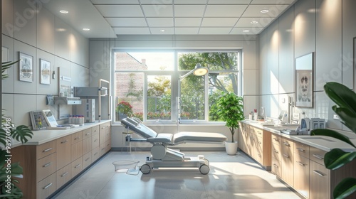 Modern examination room with clean surfaces and advanced medical equipment.