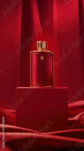 High-end red perfume bottle on a red podium, Top down view