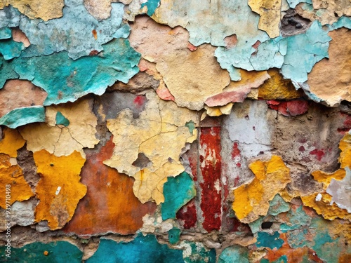 Peeling paint on a weathered wall highlighting vibrant colors and texture variations. Generative AI