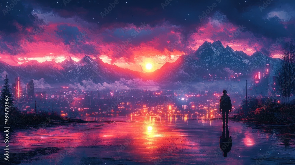 Silhouette of a man at sunset over a lake and city in the mountains Silhouette of a man at sunset over a lake and city in the mountains