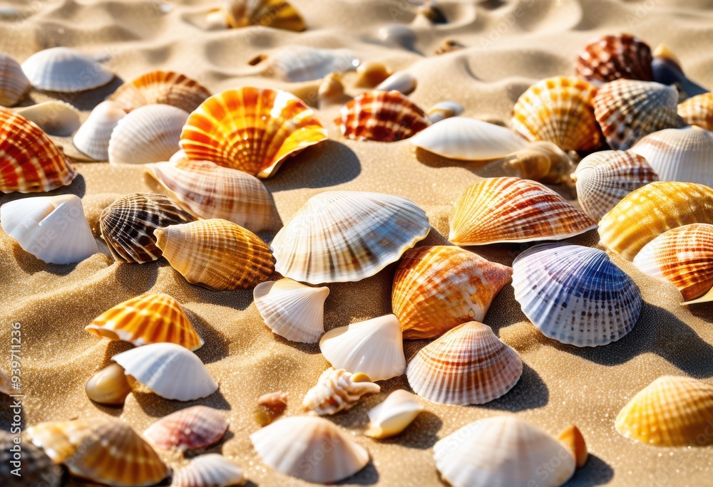 colorful seashells displayed calm ocean background gentle waves soft sand, beach, coastline, tropical, marine, nature, scenery, sunlight, landscape colorful seashells displayed calm ocean background gentle waves soft sand, beach, coastline, tropical, marine, nature, scenery, sunlight, landscape