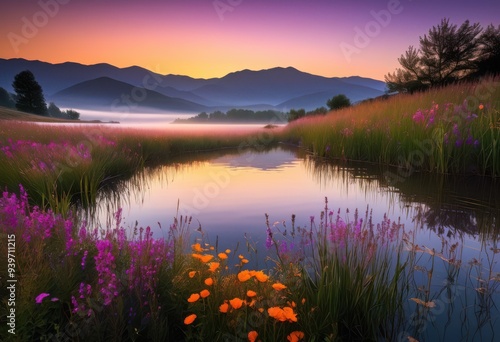 brilliant sunrise illuminating serene landscape vibrant colors over hills reflections calm water, sky, clouds, light, nature, scenery, dawn, beauty