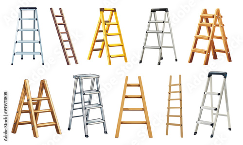 Step ladder set. Front side view. Wooden and metal. Working Instrument. Household construction houswork renovation needs web design elements. Cartoon style isolated vector clipart collection