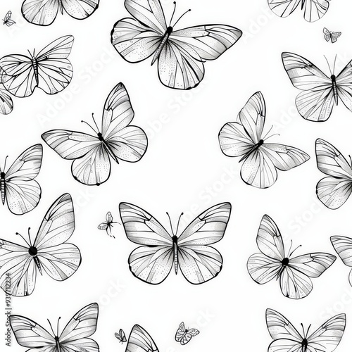 a simple line drawing with a butterflies coloring pages pattern for your little girl, thin lines, wallpaper, monochrome simplicity