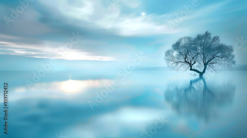 Lone Tree Reflecting on a Misty Lake at Dawn