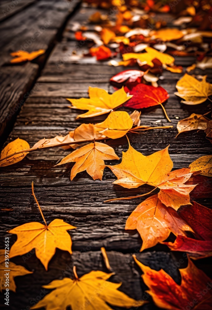 Obraz premium vibrant autumn foliage spread across rustic wooden surface showcasing rich colors textures fall leaves, nature, season, yellow, orange, red, green, scenery