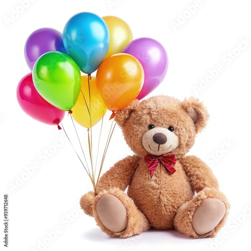 Cute teddy bear holding colorful balloons on a plain white background. Generative AI